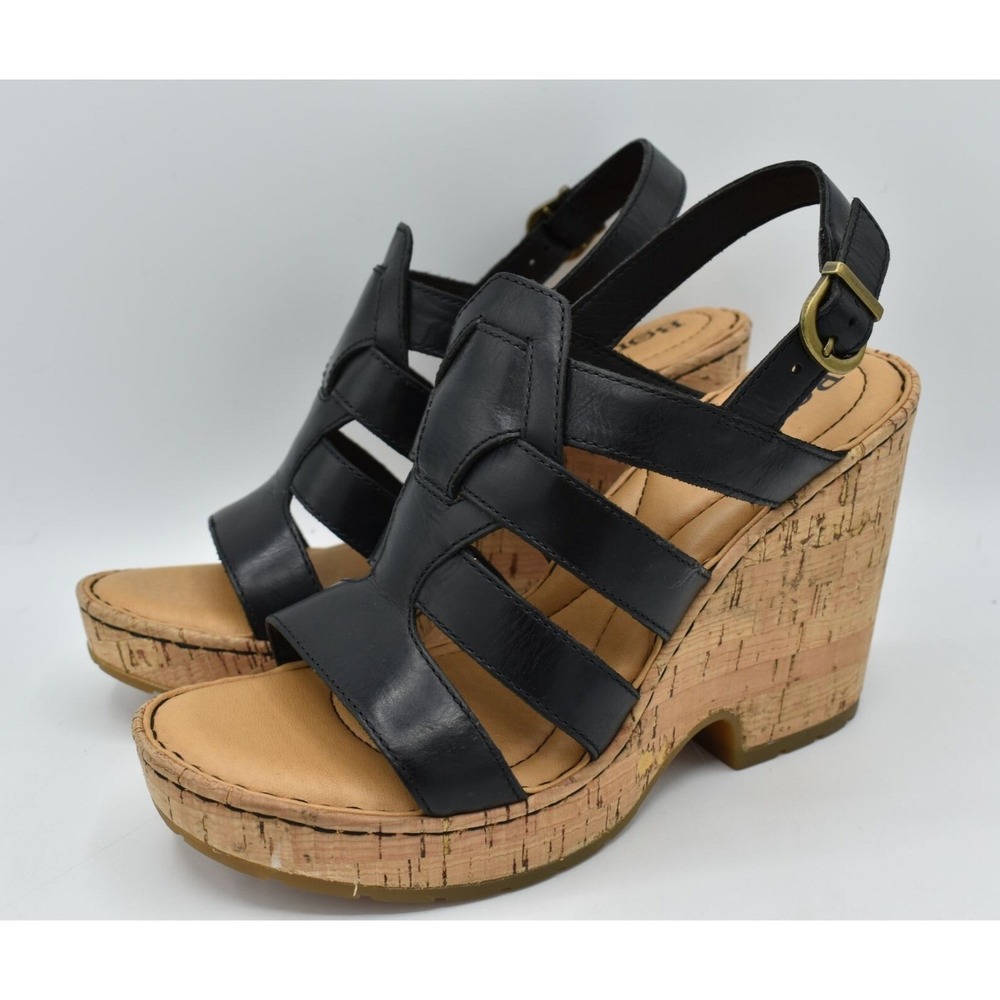 Born Bernese Wedge Sandals Women‎ 9 Black Leather Strappy Cage Shoes NWB